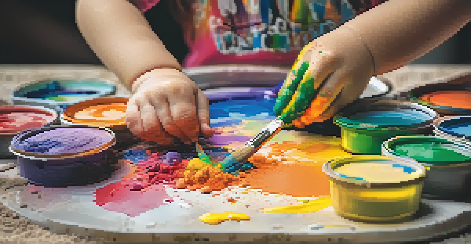 A child's hands mixing vibrant paints to create a color wheel, surrounded by art supplies including textured materials, under soft natural light.