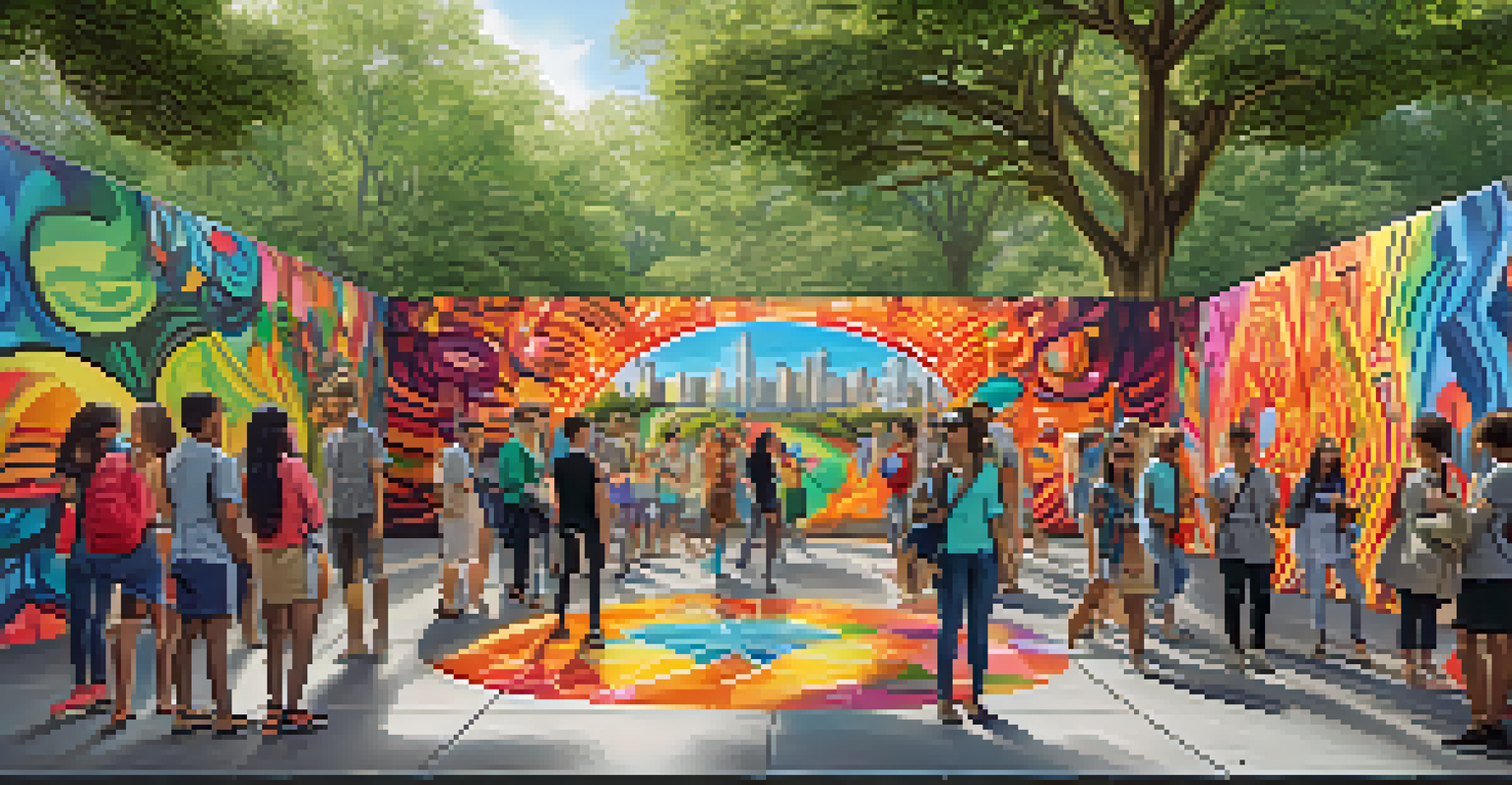 A vibrant outdoor mural that changes when viewed through augmented reality glasses, with people interacting with the digital storytelling elements in an urban setting.