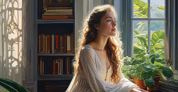A young woman with long hair sitting by a window, looking thoughtfully out, with sunlight illuminating the room and plants around her.