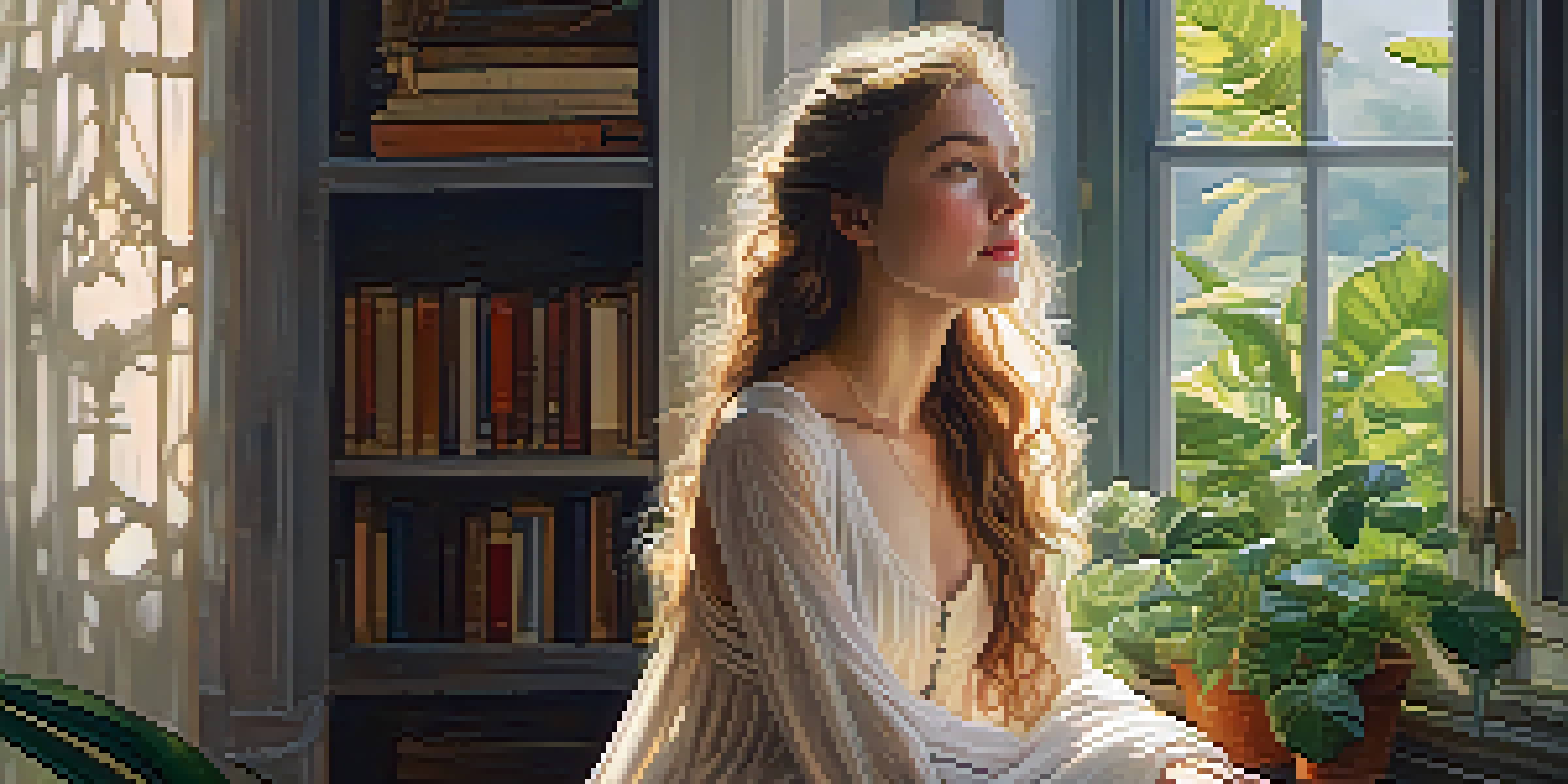 A young woman with long hair sitting by a window, looking thoughtfully out, with sunlight illuminating the room and plants around her.