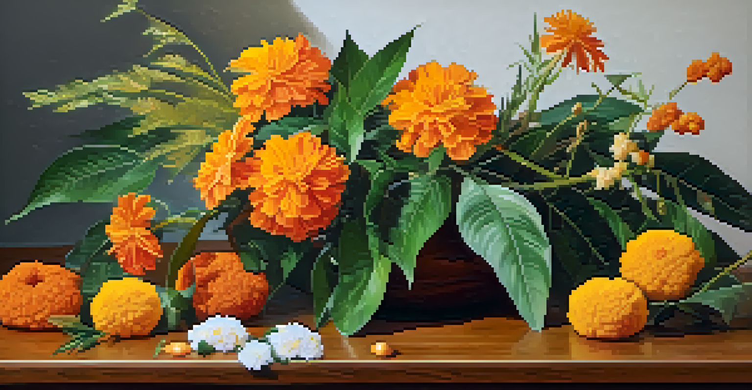 An artistic display of tropical leaves and flowers on a wooden table, illuminated by soft lighting, showcasing their textures and vibrant colors.