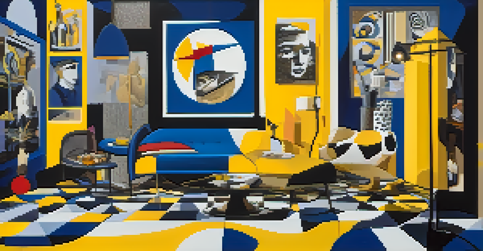 A digital collage that blends pop culture images with abstract shapes, displaying vibrant colors and dramatic lighting in a chaotic arrangement.