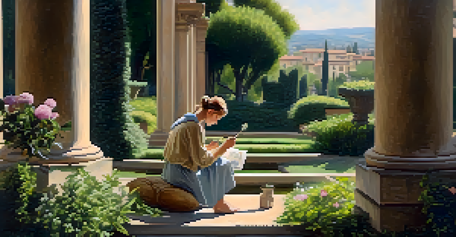 A young artist sketching in a Florence garden surrounded by blooming flowers and classical sculptures in soft morning light.
