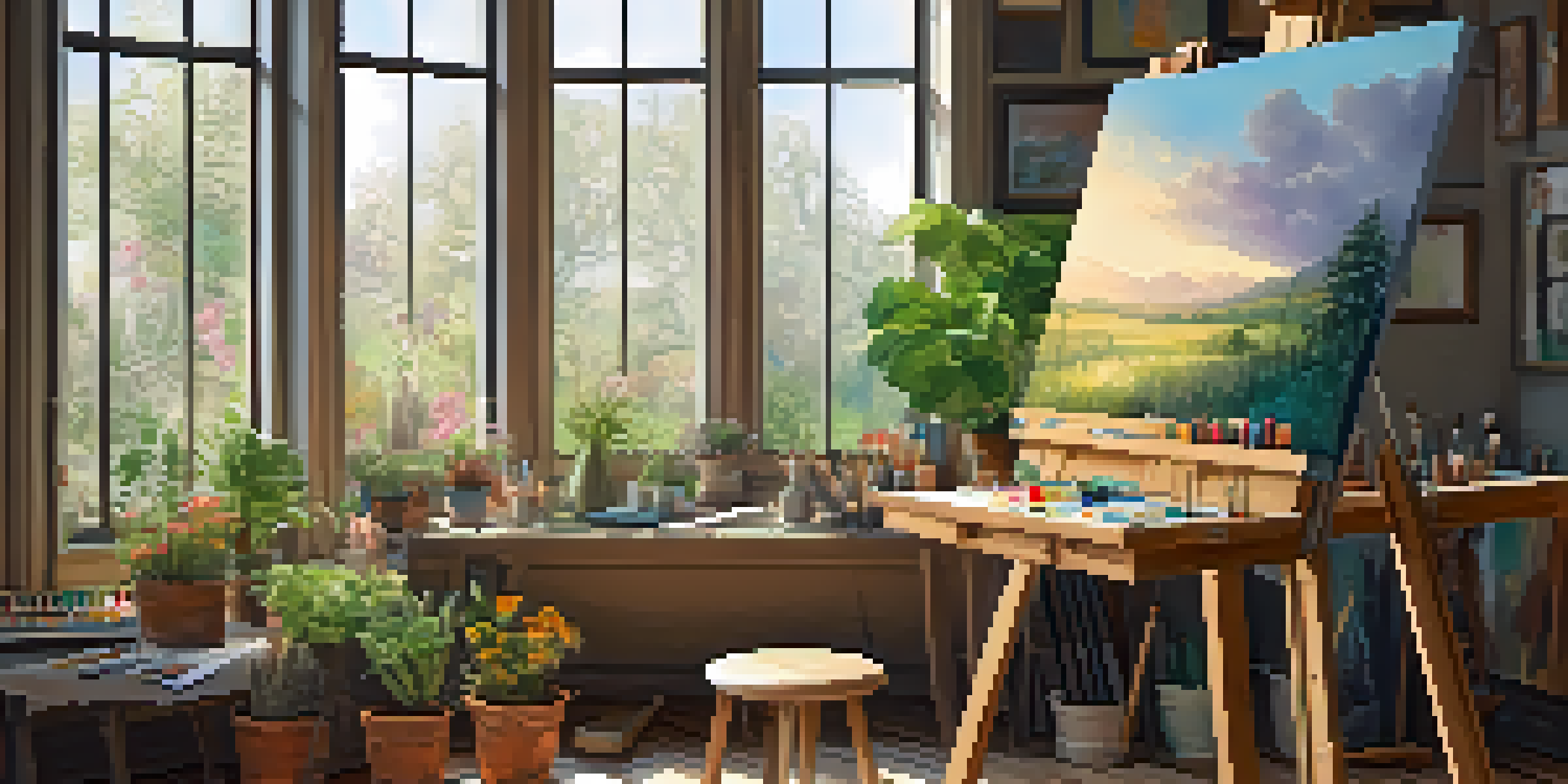A bright artist's studio with an easel, colorful canvas, and art supplies, illuminated by sunlight.