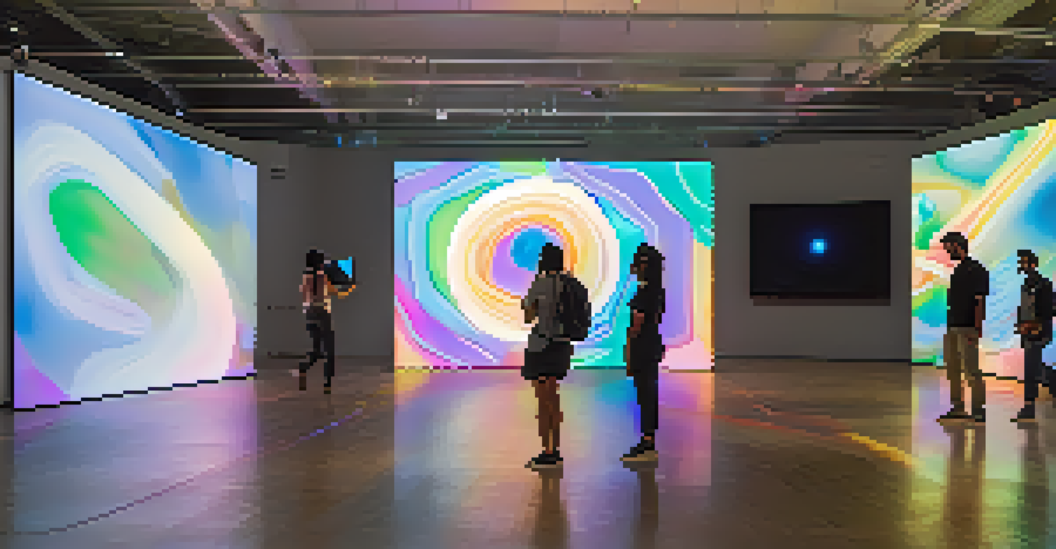 An interactive art installation in a gallery with visitors engaging with changing generative art on large screens.