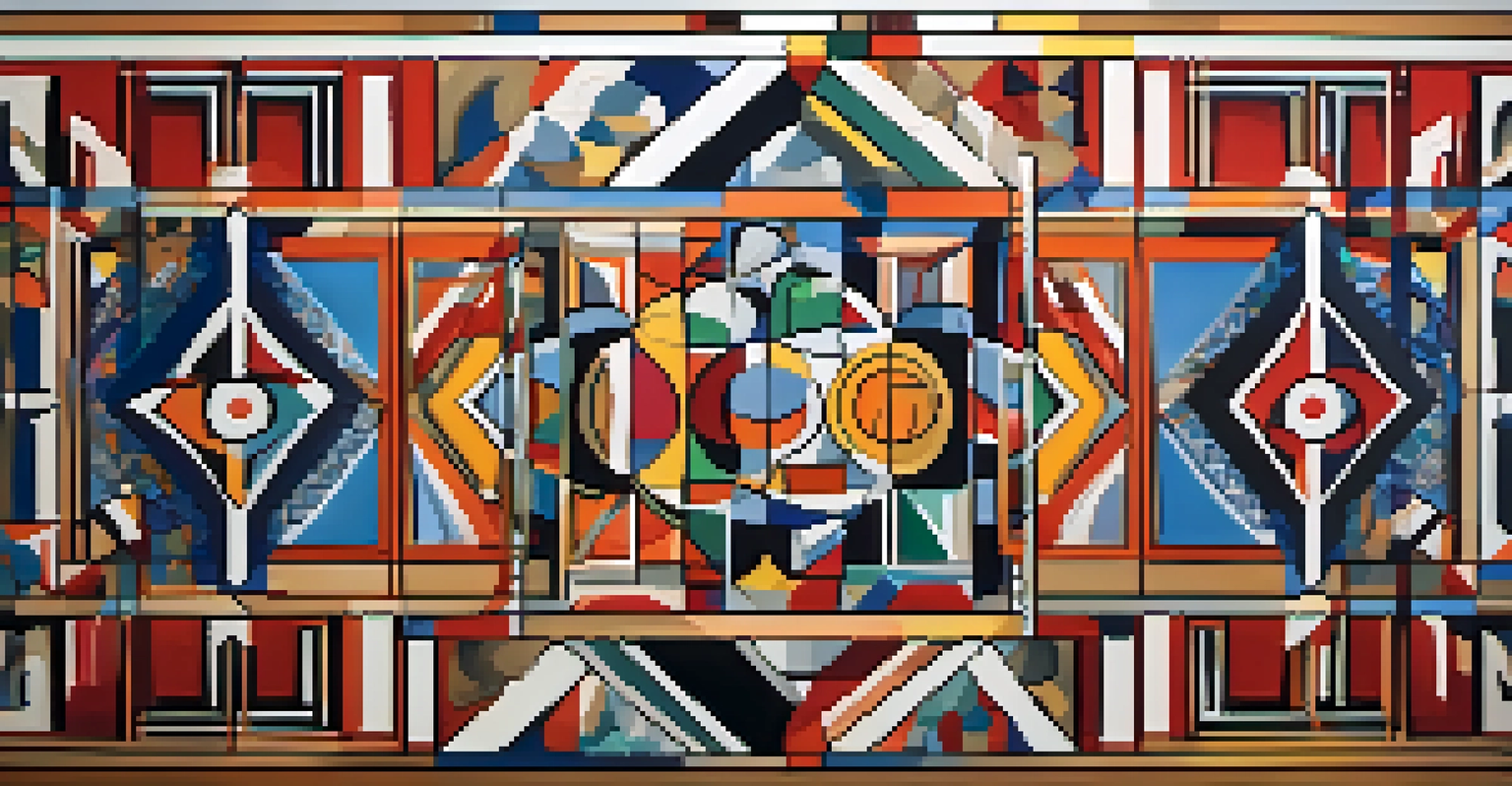 An abstract mural illustrating the fusion of cultures with geometric shapes and diverse colors, symbolizing globalization.
