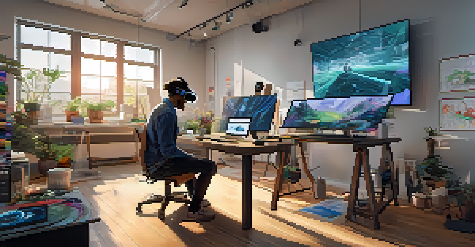 An artist and a programmer working together in a bright studio on a virtual reality art installation.
