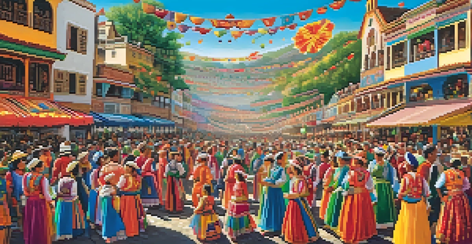 A colorful mural showing a community festival with people in traditional costumes, artists displaying crafts, and floral patterns under warm sunlight.