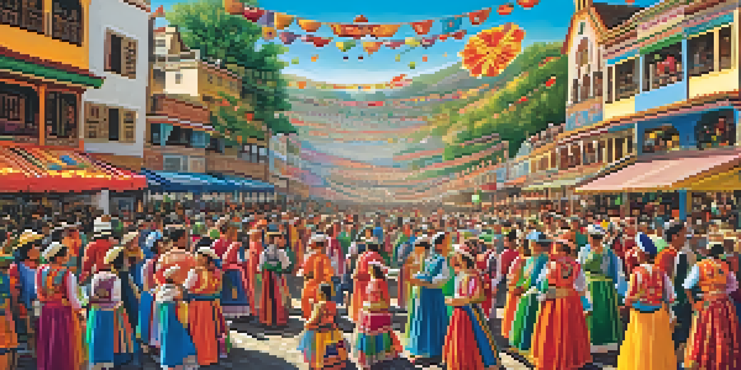 A colorful mural showing a community festival with people in traditional costumes, artists displaying crafts, and floral patterns under warm sunlight.