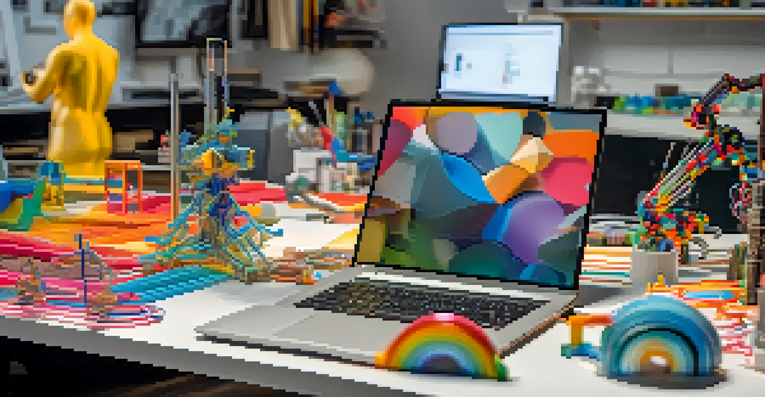 An artist at a modern workstation using CAD software, surrounded by colorful 3D-printed models and tools, with a 3D printer in action.