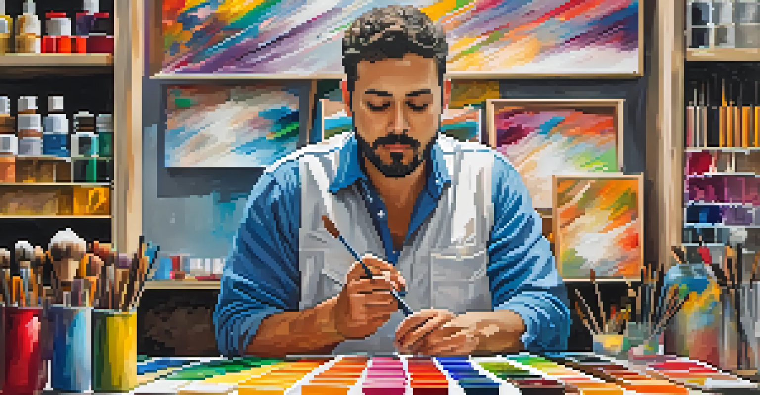 An artist mixing colors at a table, with a vibrant canvas in front, surrounded by art supplies and motivational quotes on the wall.