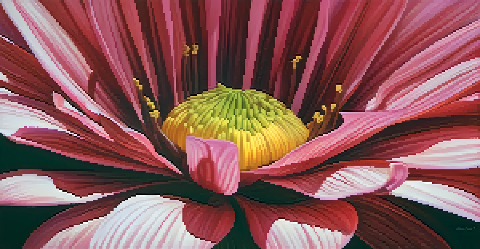 A detailed close-up of a flower petal, showing rich red and pink colors illuminated by sunlight.