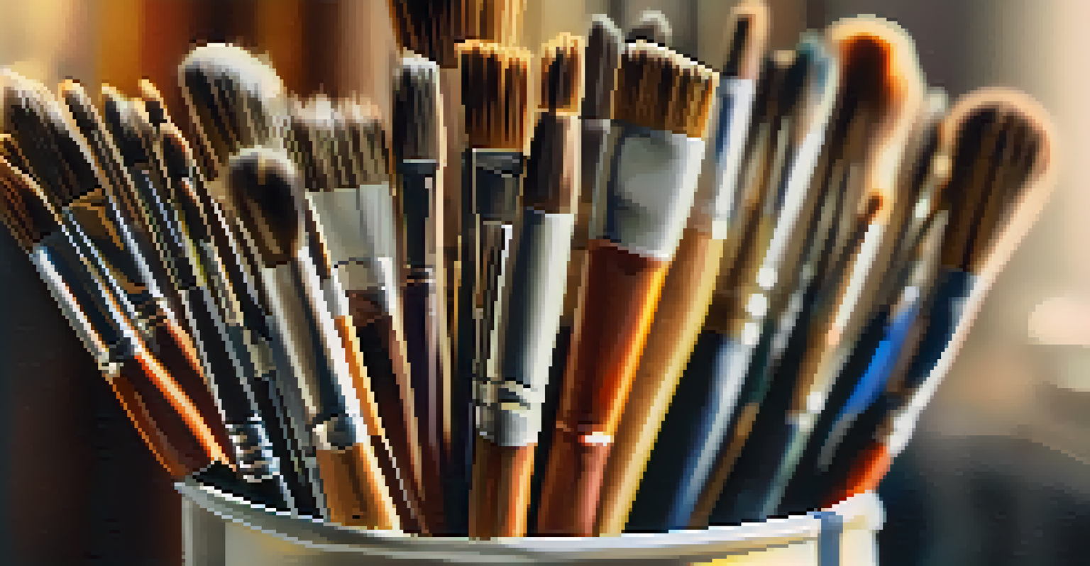 A collection of different paintbrushes in a container, highlighting their various shapes and sizes, with a warm light background.