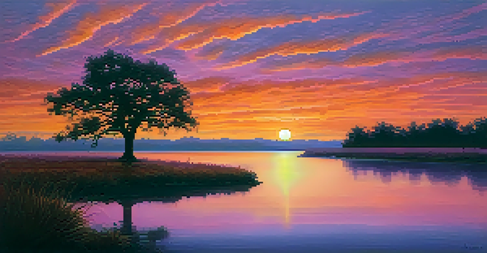 A tranquil sunset landscape with a bright sky, solitary tree, and winding river, exuding a sense of peace and strength.