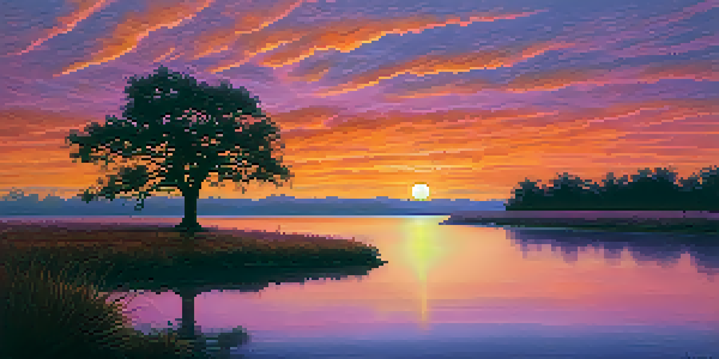 A tranquil sunset landscape with a bright sky, solitary tree, and winding river, exuding a sense of peace and strength.