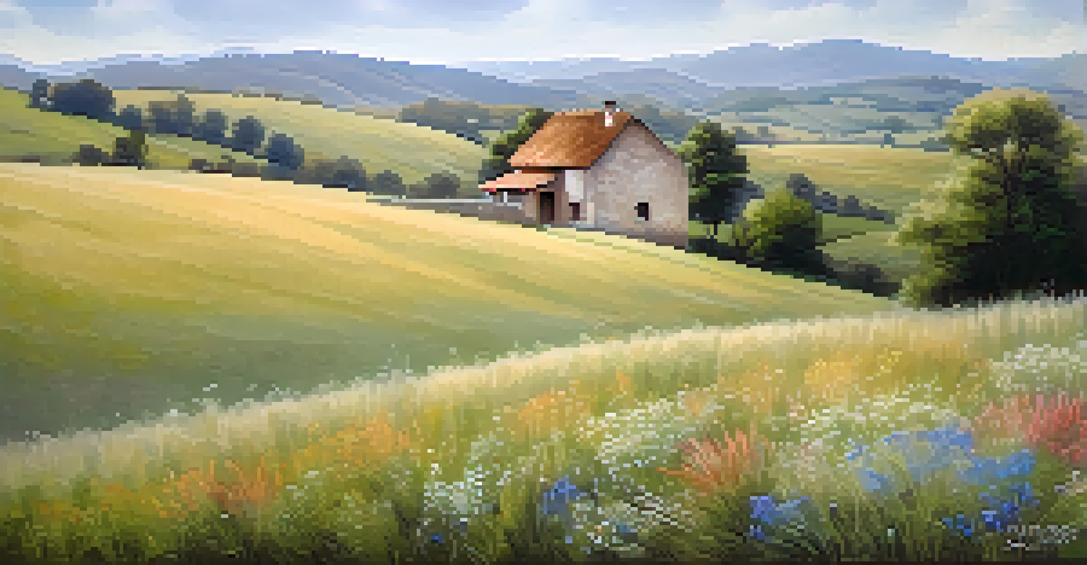 A fresco depicting a tranquil countryside landscape with hills, a sky, and a cottage.