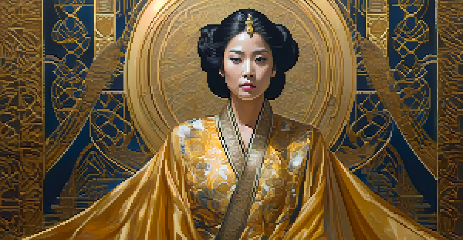 A portrait of a woman in flowing robes with golden details against a shimmering gold background.