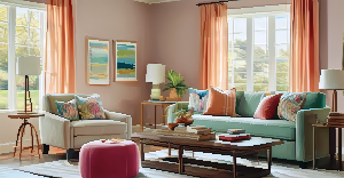 A cozy living room with pastel-colored walls, a comfortable sofa, and bright natural light from a large window.