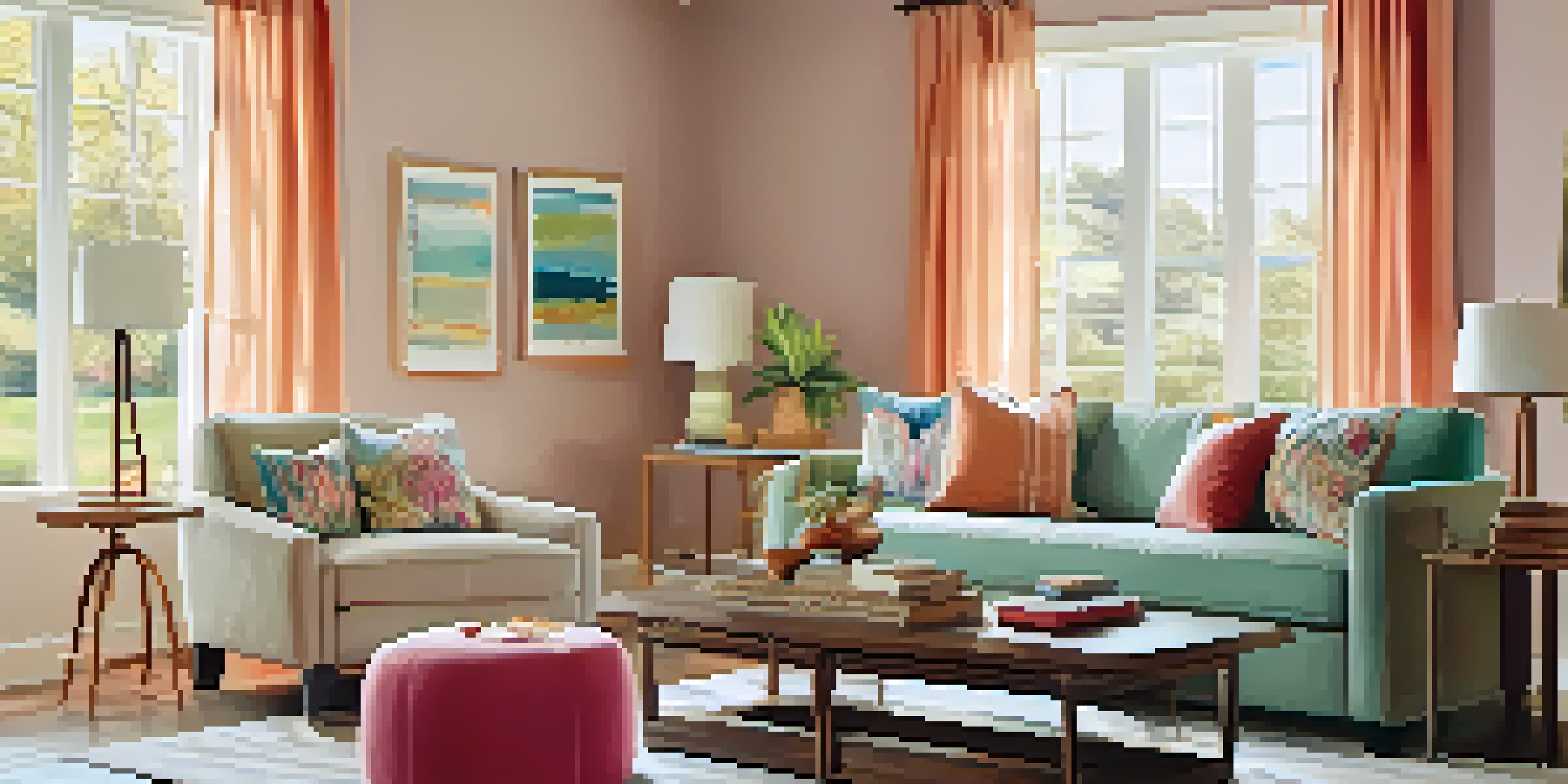 A cozy living room with pastel-colored walls, a comfortable sofa, and bright natural light from a large window.