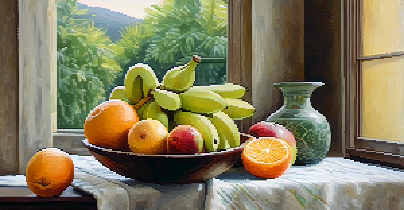 A still life with a bowl of assorted fruits including bananas and oranges, on a linen cloth, illuminated by soft diffused light.