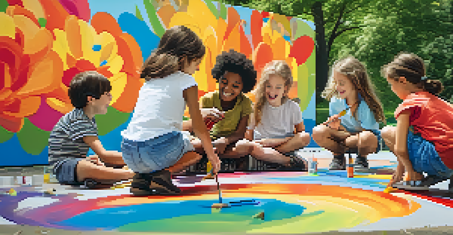 Children collaborating on a colorful outdoor mural, discussing and painting together in a sunny park.