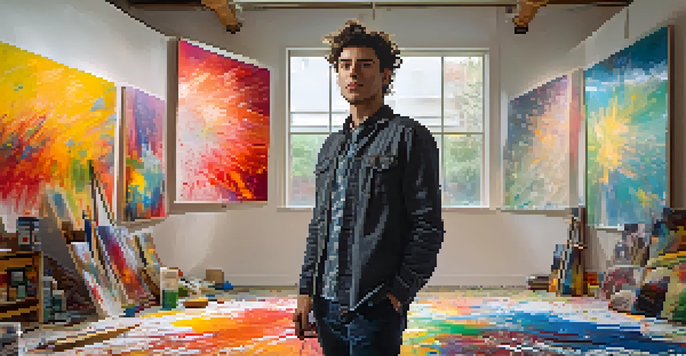 A contemporary male artist reflecting in his vibrant studio filled with colorful canvases, showcasing themes of vulnerability and emotional depth.
