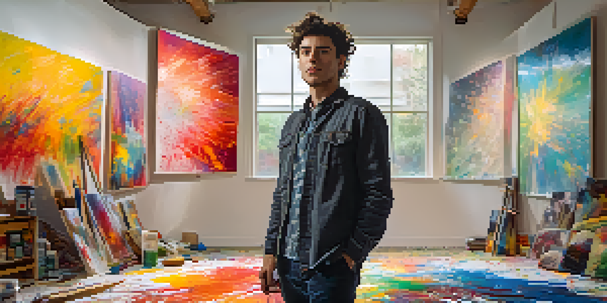 A contemporary male artist reflecting in his vibrant studio filled with colorful canvases, showcasing themes of vulnerability and emotional depth.