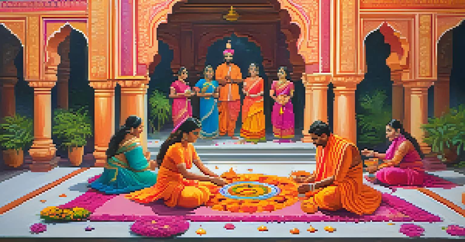 A lively Hindu festival scene with artists creating colorful rangoli designs in a temple courtyard.