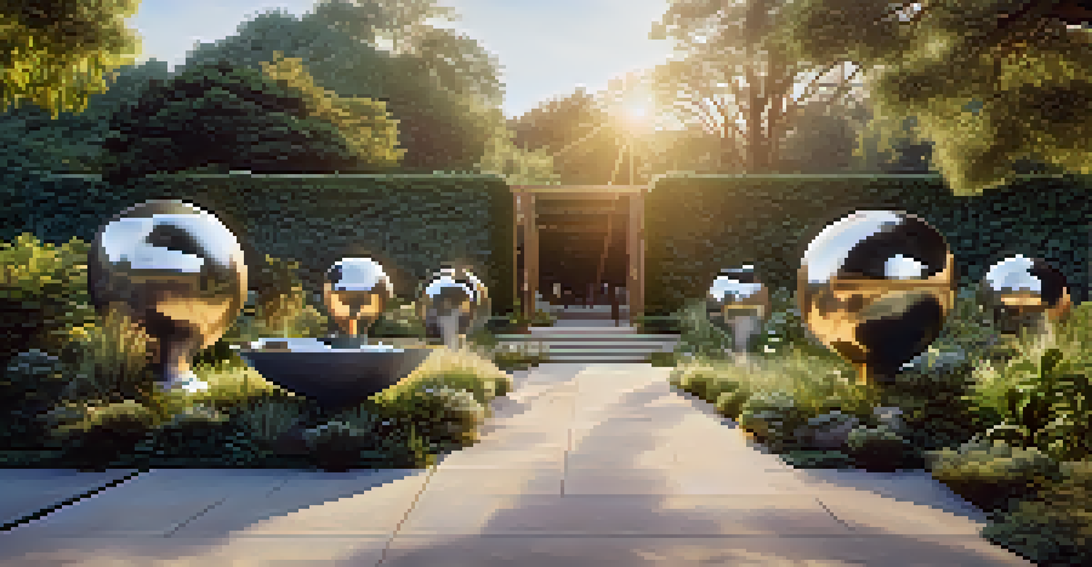 An outdoor gallery with sculptures made from recycled materials, set in a lush garden during golden hour.