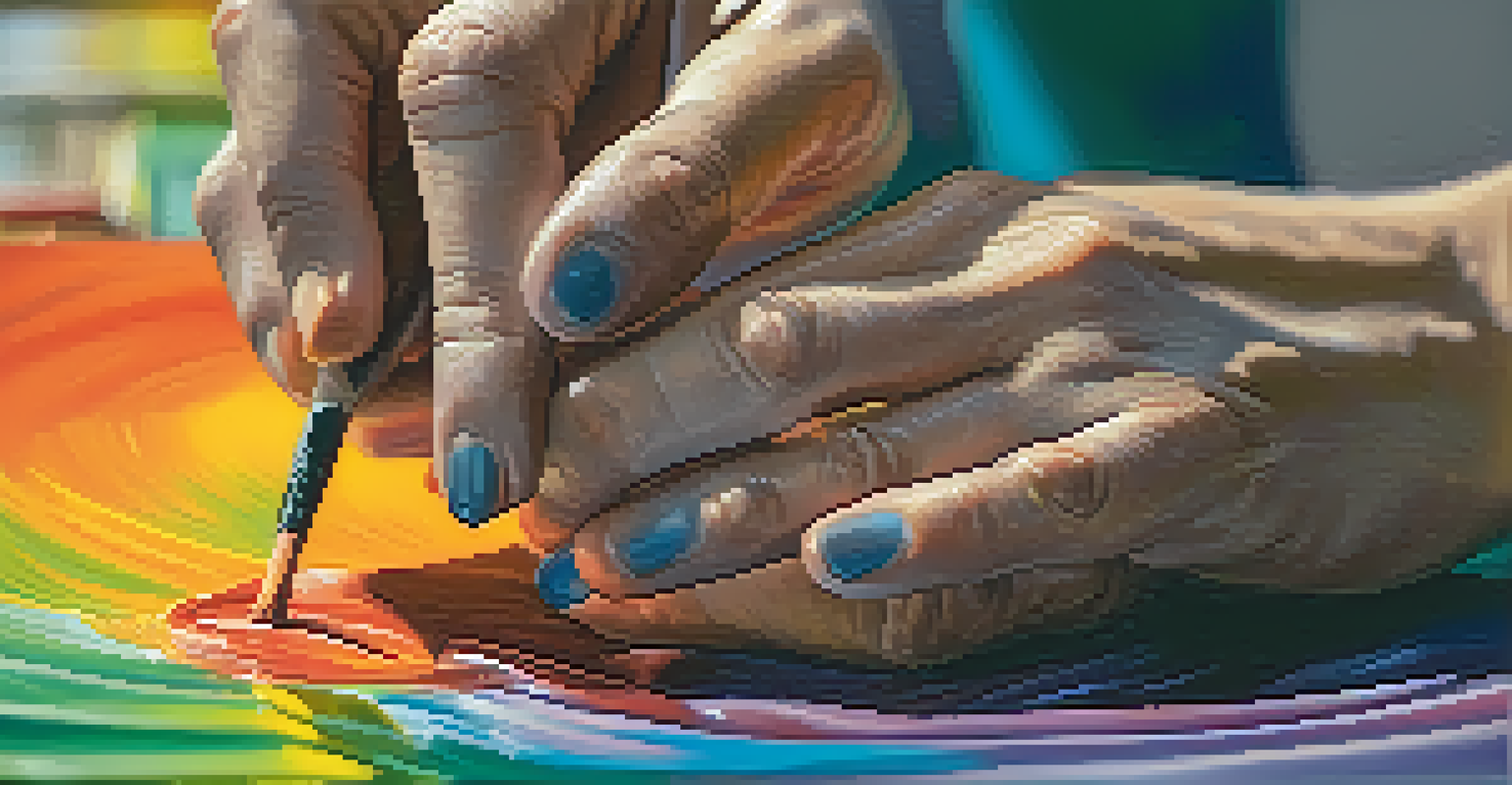 An artist's hands blending colors on a canvas, showcasing vibrant paint textures.