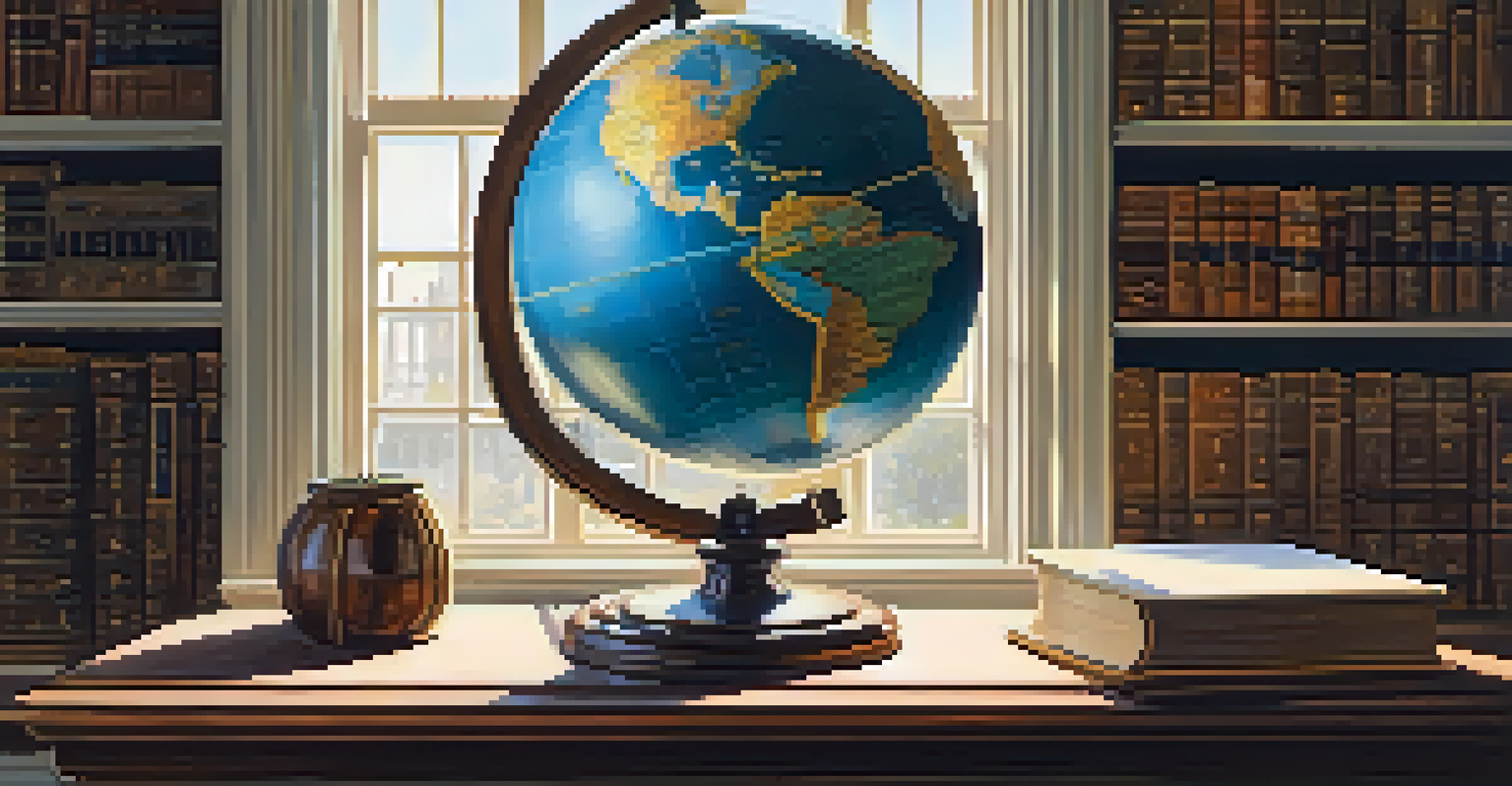 A cozy study room with bookshelves, a vintage globe on a desk, and sunlight filtering through a window, creating a peaceful ambiance.