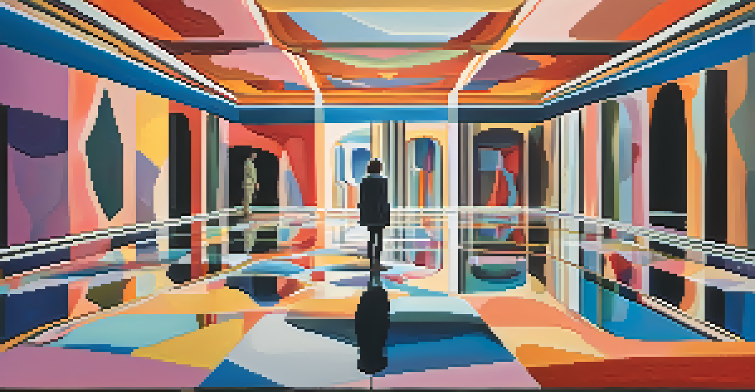 An abstract room with floating shapes and distorted mirrors, featuring a figure looking at their reflection.