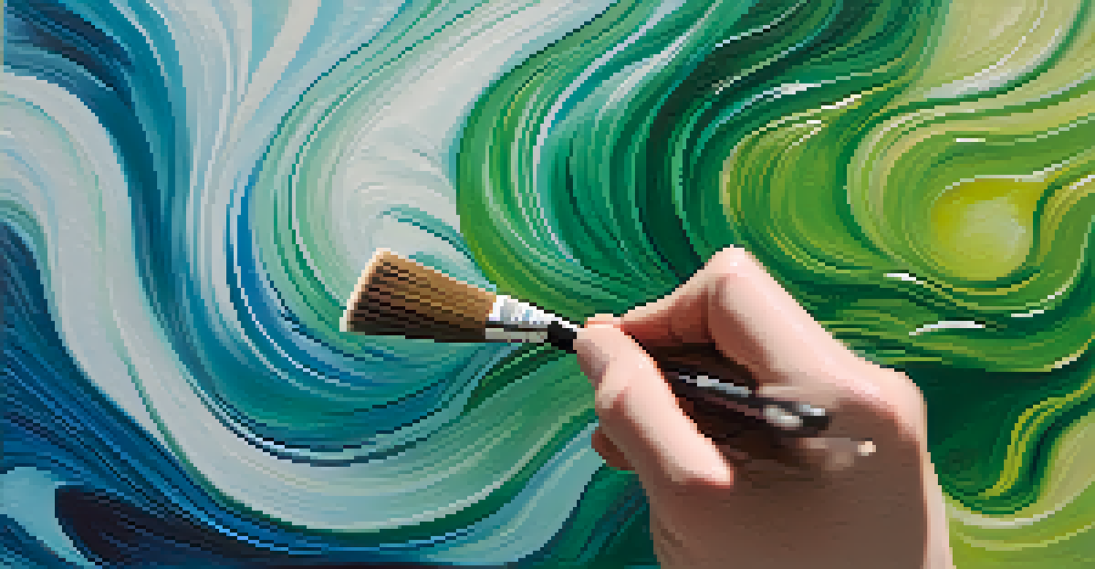 A close-up of a hand with a paintbrush above a colorful canvas, highlighting the vibrant blues and greens of the paint.
