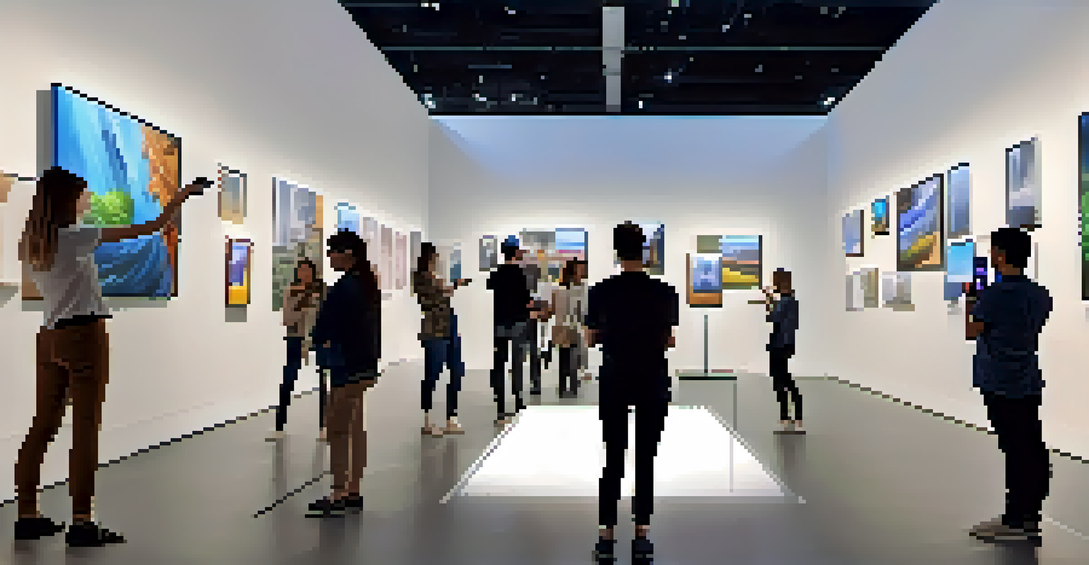 A modern art gallery where viewers use smartphones to interact with a painting, revealing animated elements in augmented reality.