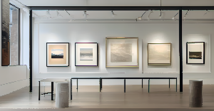 A close-up of a framed painting in a minimalist gallery, showcasing soft lighting and detailed textures.