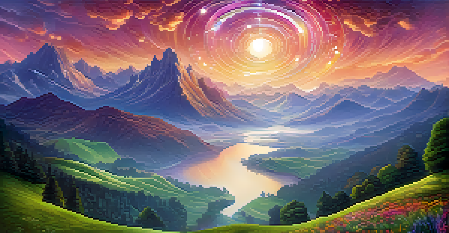 A breathtaking virtual landscape with mountains, a glowing river, and colorful orbs illuminating the scene.