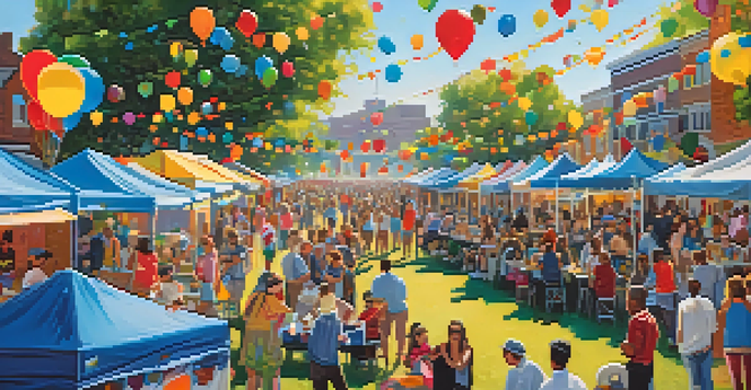 A lively community art festival in a park with colorful murals, people participating in workshops, and food stalls under a clear blue sky.