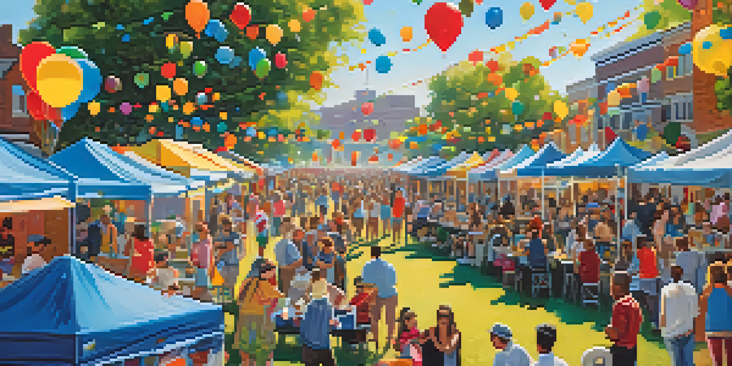A lively community art festival in a park with colorful murals, people participating in workshops, and food stalls under a clear blue sky.