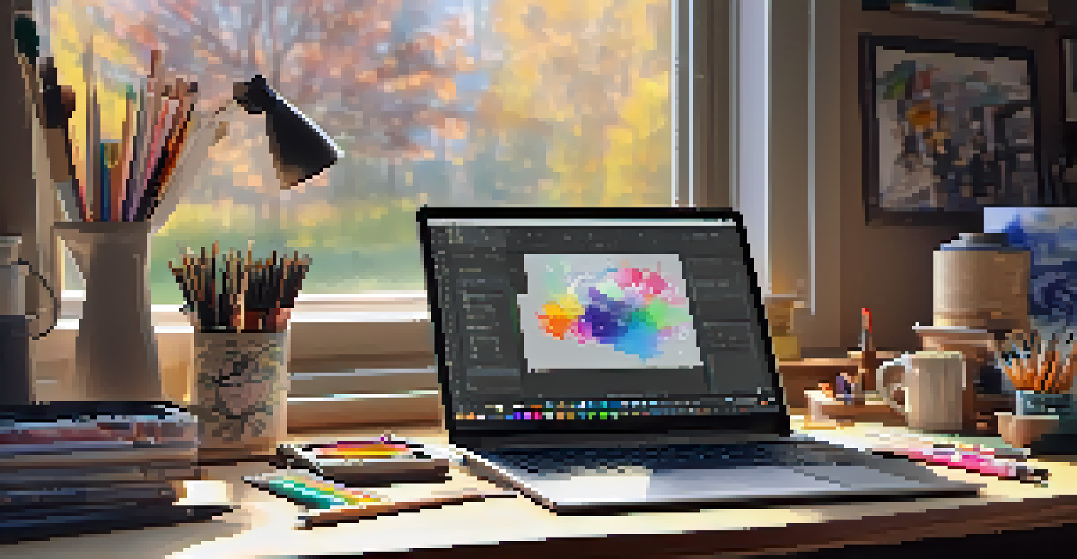A close-up view of an artist's workspace featuring a drawing tablet, colorful sketches, and various art supplies under soft natural light.
