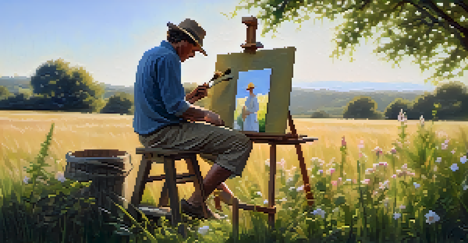 An artist painting in a sunny field, surrounded by nature, using natural pigments on a canvas.