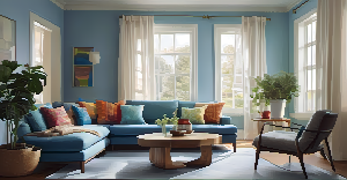 A cozy living room featuring soft blue walls, a comfortable sofa with colorful cushions, a wooden coffee table, and warm ambient lighting.
