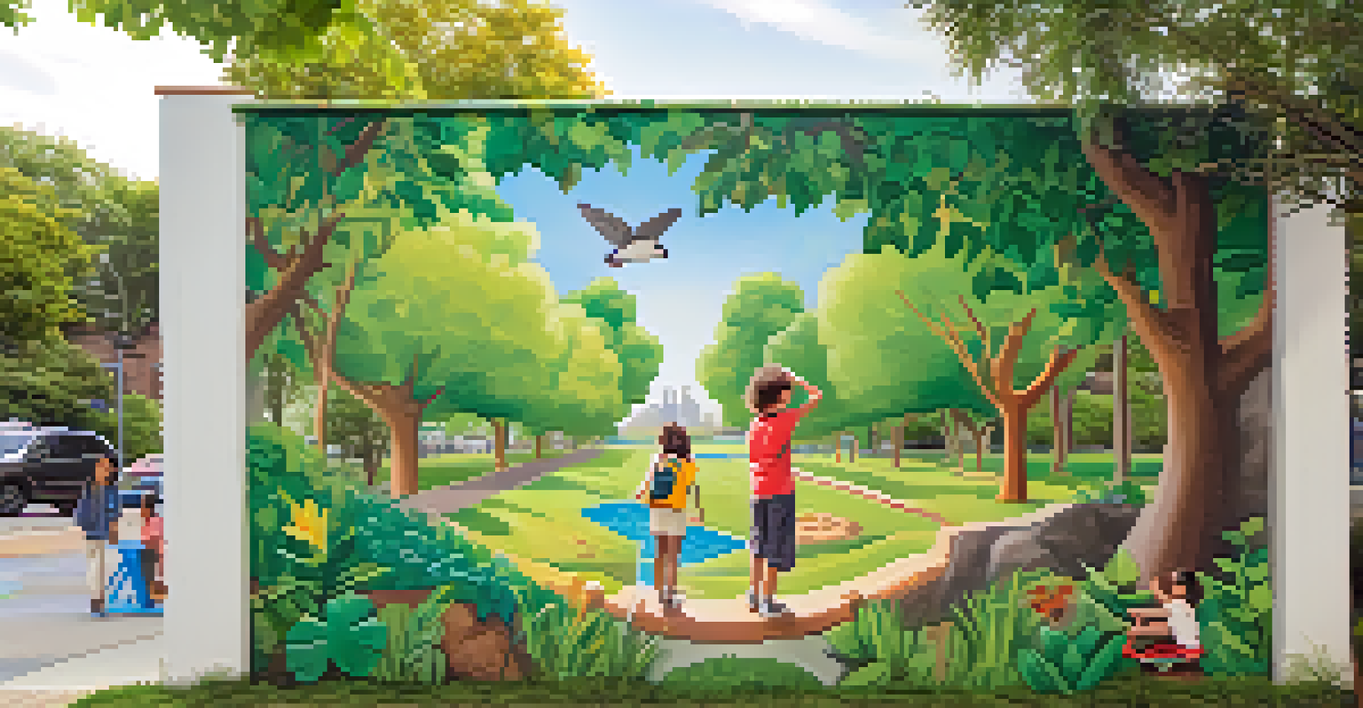 An outdoor mural focused on environmental themes, with children painting and a local artist guiding them.