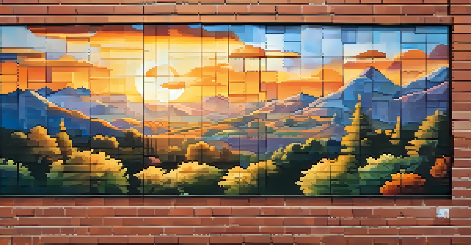 A completed mural on a brick wall showcasing a serene landscape with mountains and a sunset, rich in color and texture.