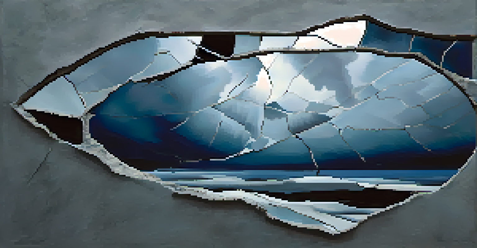 An abstract image of a cracked mirror reflecting a stormy sky, symbolizing self-reflection.