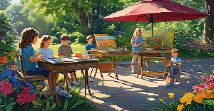 Children painting at an outdoor art station in a colorful garden, with sunlight shining through the leaves.
