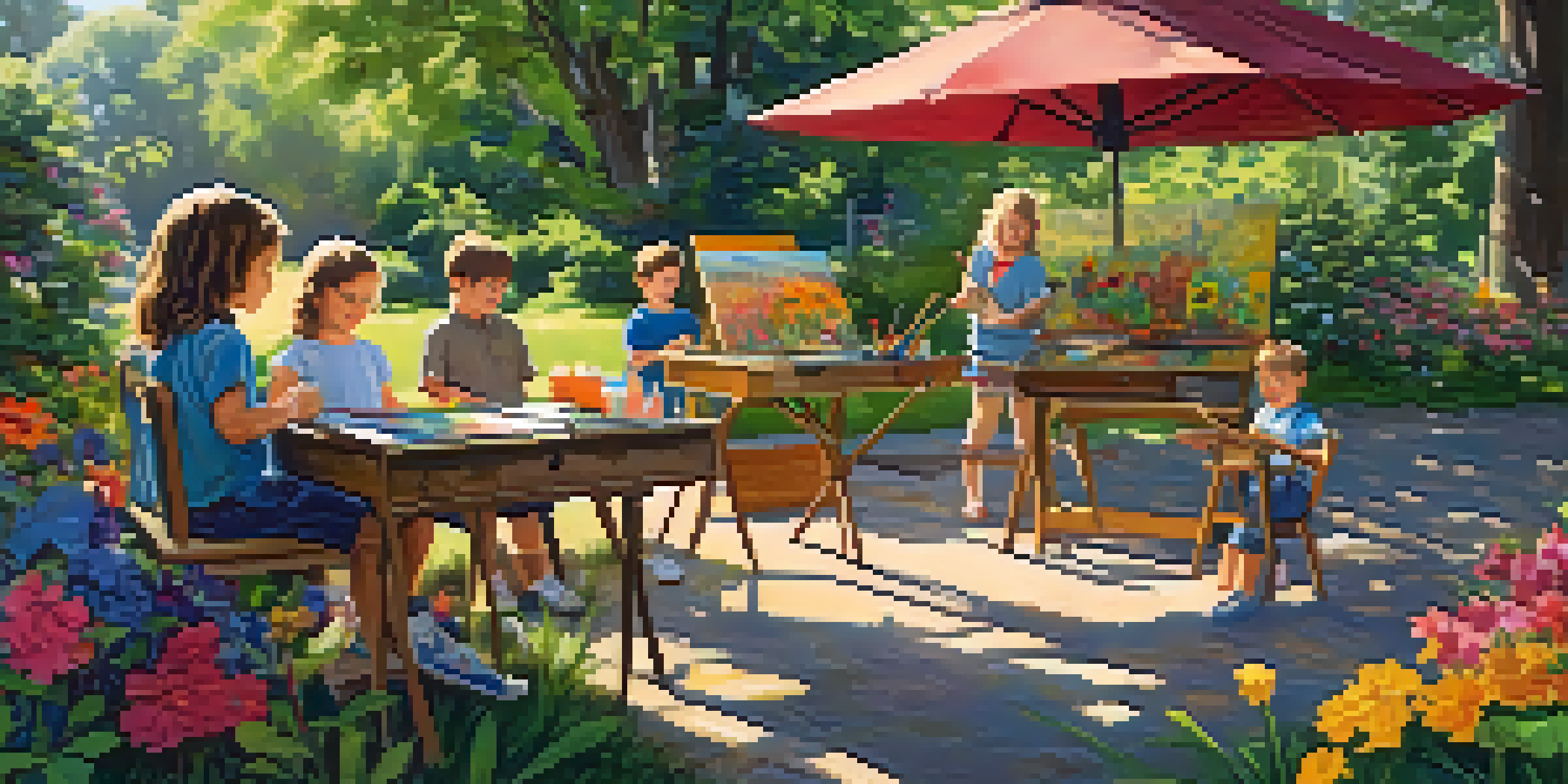 Children painting at an outdoor art station in a colorful garden, with sunlight shining through the leaves.