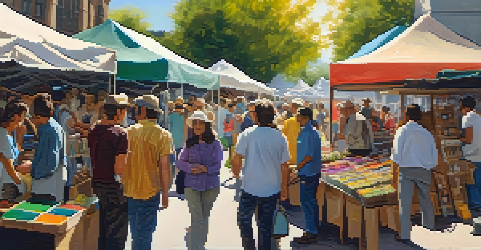A vibrant outdoor art market filled with people and various artworks displayed by artists in a lively atmosphere.