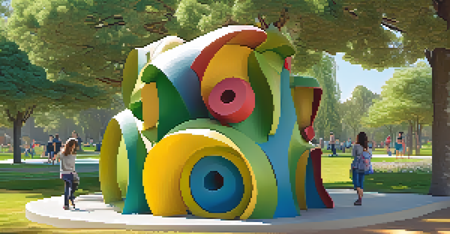 An engaging interactive sculpture in a park, designed for families, surrounded by green grass and flowers, during golden hour.