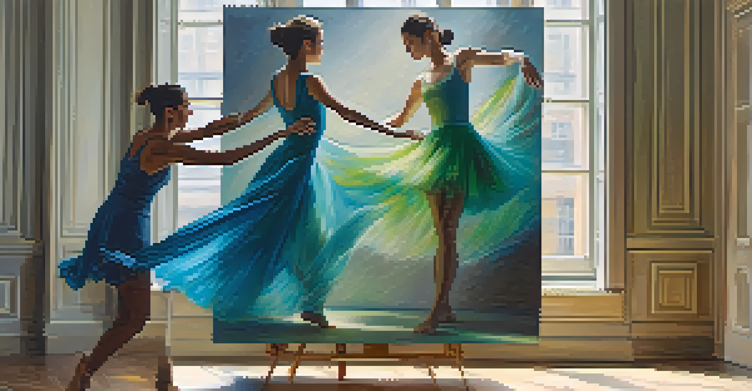 An artist paints a canvas while a dancer performs alongside, demonstrating the collaboration between the two art forms.