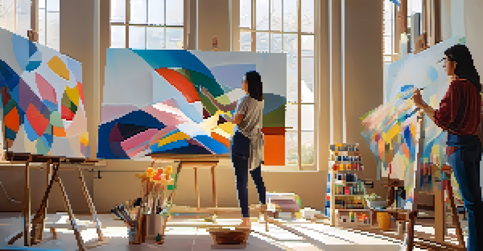 A woman artist in a sunlit studio, painting an empowering abstract artwork on a large canvas.